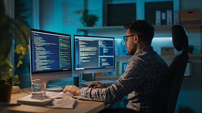 man at desk with two computer monitors